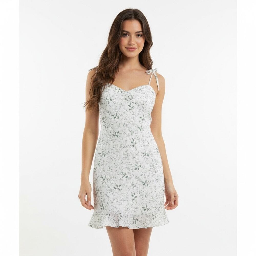 Floral Tie-Shoulder Midi Dress in White and Green